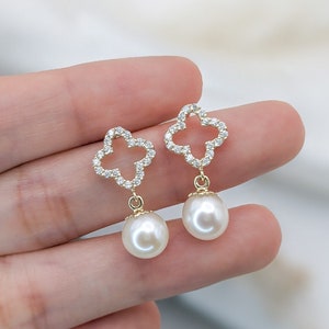 14k Solid Gold Freshwater Pearl Drop Earrings, Elegant Wedding Earrings, Dangle Clover Earrings, Real White Gold Pearl Earrings Fine Jewelry