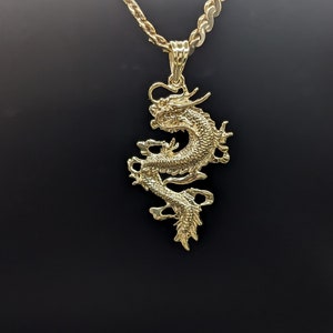14k Solid Gold Dragon Pendant Necklace, Chinese Zodiac Dragon, Real White Gold Waterproof Dragon Charm, Mythological, 14k Men Jewelry