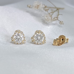14k Gold Heart Earrings, Elegant Halo Heart Stud Earrings, 14K Solid White Gold Earring, Dainty Love Earrings, Fine Jewelry Anniversary Gift