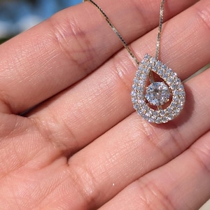 14k Solid Gold Dancing Diamond Necklace, CZ, White Gold, Pavé Floating Diamond Necklace, Small Moving Water Drop Pendant, Diamond Stimulant