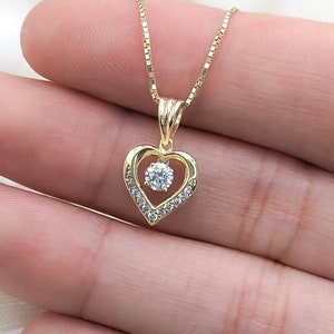 14k Solid Gold Heart Necklace, Dainty Pavé Heart Pendant, Small Baby Heart Charm, Tiny Floating Diamond,CZ, Moving Necklace, Real White Gold