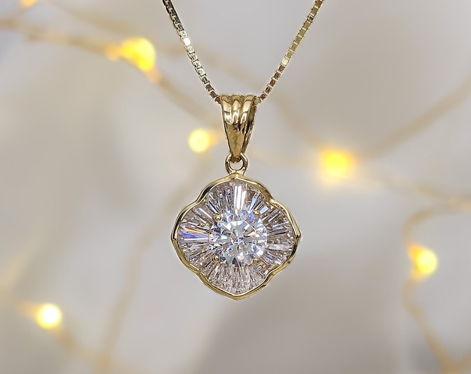 14k Solid Gold Elegant Square Necklace, Small Everyday Necklace, Vintage CZ Diamond Pendant, 14k Real White Gold Necklace, Fine Jewelry Gift