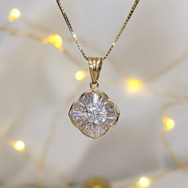 14k Solid Gold Elegant Square Necklace, Small Everyday Necklace, Vintage CZ Diamond Pendant, 14k Real White Gold Necklace, Fine Jewelry Gift