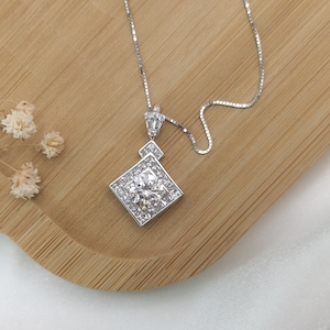 14k White Gold Diamond Necklace, CZ, Art Deco Vintage Style Square Pendant, Diamond Stimulant Charm, 14k Solid Gold, Fine Jewelry For Mom