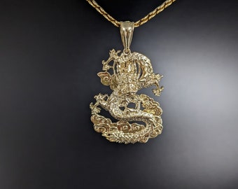 14k Solid Gold Dragon Pendant Necklace, Chinese Zodiac, Year of the Dragon, Real Gold Waterproof Dragon Charm, Mythological, 14k Men Jewelry