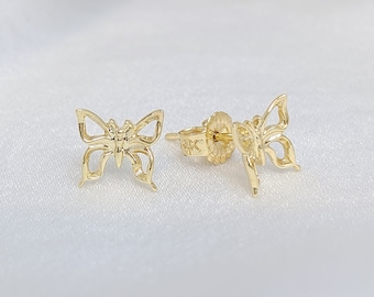 14k Solid Gold Small Butterfly Earrings, Dainty Butterfly Studs, Tiny Gold Earring, Real White Gold, Waterproof Everyday Earrings For Her