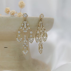 14k Solid Gold Chandelier Earrings, Light Weight Bridal Earrings, Elegant White Gold Dangle Wedding Earrings, Victorian Drop Earrings