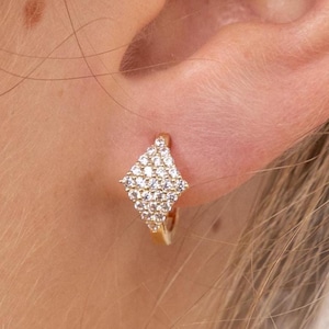 14k Solid Gold Pavé Huggies, Small Elegant Hoop Earrings, Dainty CZ Pavé Diamond Huggies, Everyday Hoops, 14k Real Gold Hoops Fine Jewelry