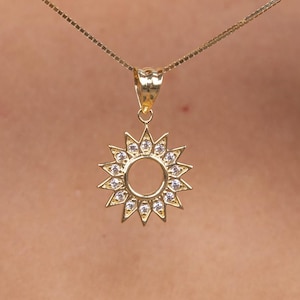 14k Solid Gold Sun Necklace, Dainty Sunshine Pendant, White Gold, Minimalist Sunburst Necklace, CZ Diamond Charm, Small Celestial Necklace