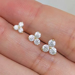 14k Mini 3 Stone Stud Earrings, Solid Gold, Tiny Trio CZ Diamond Studs, Three, Dainty Lotus Stud, Trinity Cartilage Second Hole Piercing