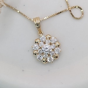 14K Small Gold Flower Pendant Necklace, CZ Diamond Flower Cluster Pendant, Dainty Floral Blossom Charm, White Gold Everyday Necklace For Mom