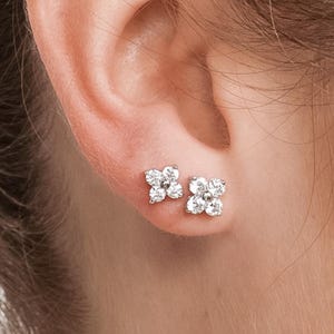 14k White Gold Mini Clover Stud Earrings, Solid Gold, Tiny square flower CZ Diamond Studs, Dainty Lotus Stud, Cartilage Second Hole Piercing