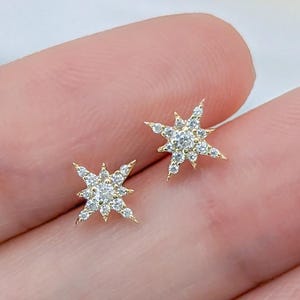 14k Solid Gold North Star Earrings, Dainty Star Studs, Small Second Hole Piercing, Tiny Minimalist CZ Gold Earrings, Real White Gold for Her