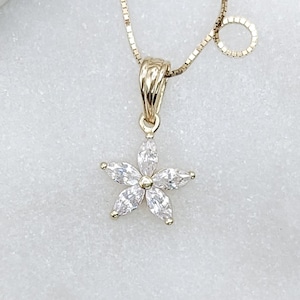 10k Tiny Lily Flower Necklace,  Solid Gold  Dainty Hawaiian Flower Pendant, Small Minimalist Flower Charm, CZ Diamond Everyday Gold Necklace