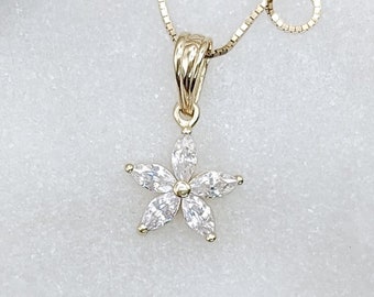 10k Tiny Lily Flower Necklace, Solid Gold  Dainty Hawaiian Flower Pendant, Small Minimalist Charm, CZ Diamond Everyday Necklace, Kids, Adult
