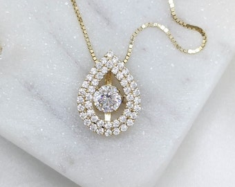 14k Solid Gold Dancing Diamond Necklace, CZ Pave Diamond Tear Drop Necklace, Elegant Moving Stone Pendant, Floating Diamond Fine Jewelry Mom