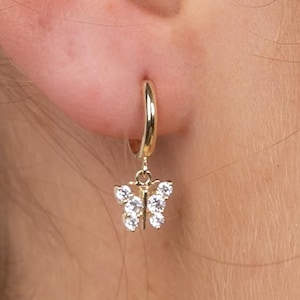 14K Solid Gold Butterfly Hoop Earrings, Dainty Butterfly Charm Dangle Hoops, 14k Real Gold Dangle Huggies, Everyday CZ Diamond Huggies