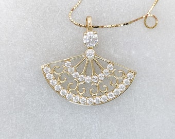 14k Solid Gold Fan Necklace, Elegant Fan Pendant, Vintage Inspired Folding Fan Charm, Real Gold Fine Jewelry, Chinese Imperial, Art Deco