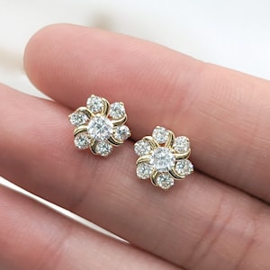 14k Solid Gold Small Flower Earrings, Mini Spiral Flower Studs, CZ Diamond Flowers, Dainty Minimalist Earrings, Fine Jewelry, Everyday Studs