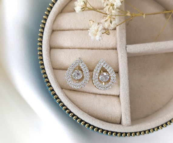 14k Solid Gold Floating Diamond Earrings Tear Drop Studs CZ Etsy