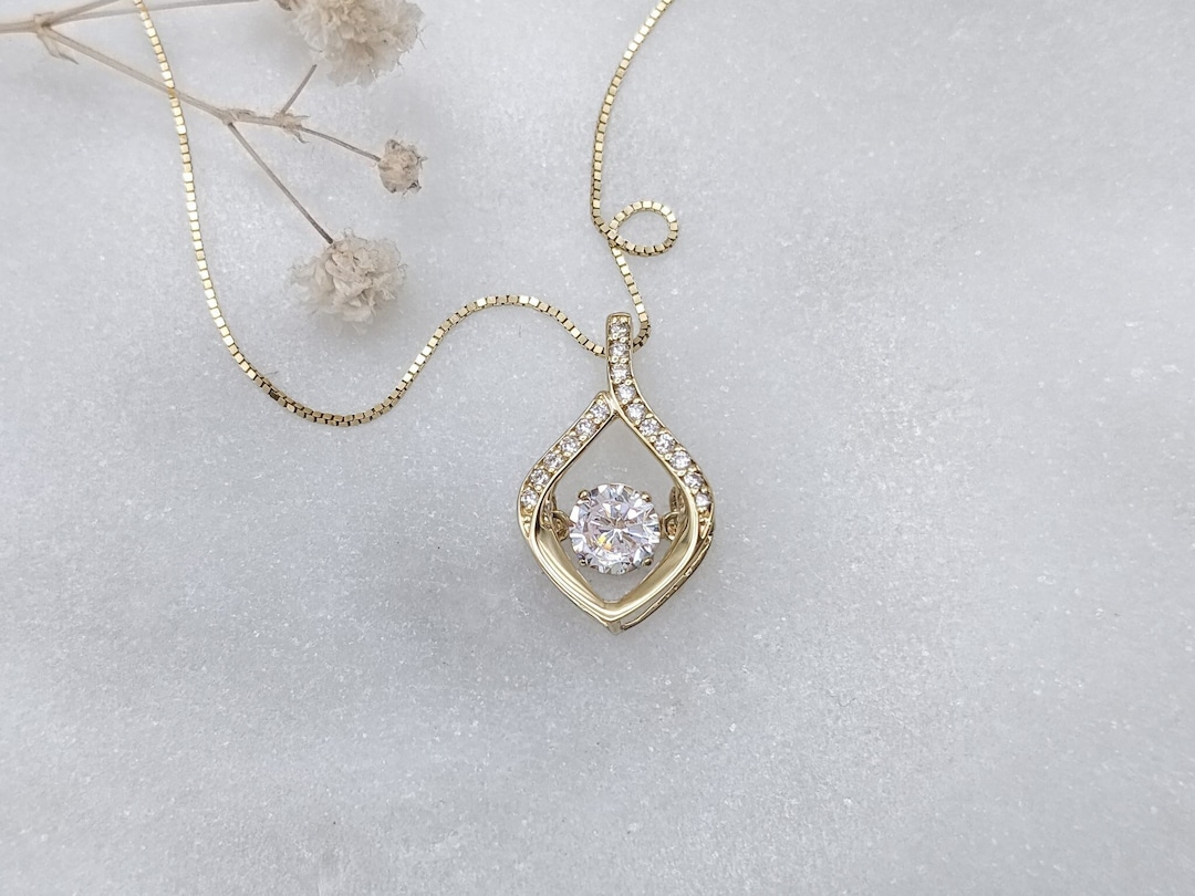 14k Solid Gold Dancing Diamond Necklace, CZ Moving Diamond