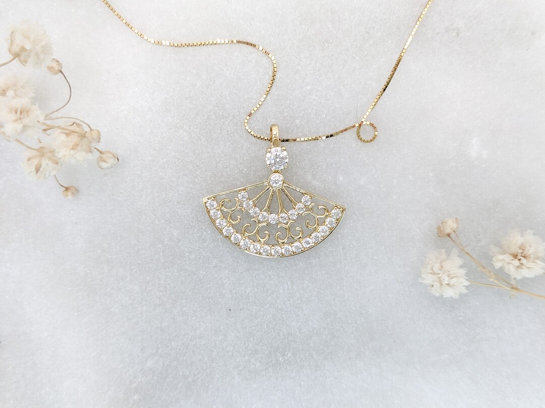 14k Solid Gold Fan Necklace, Elegant Fan Pendant, Vintage Inspired ...