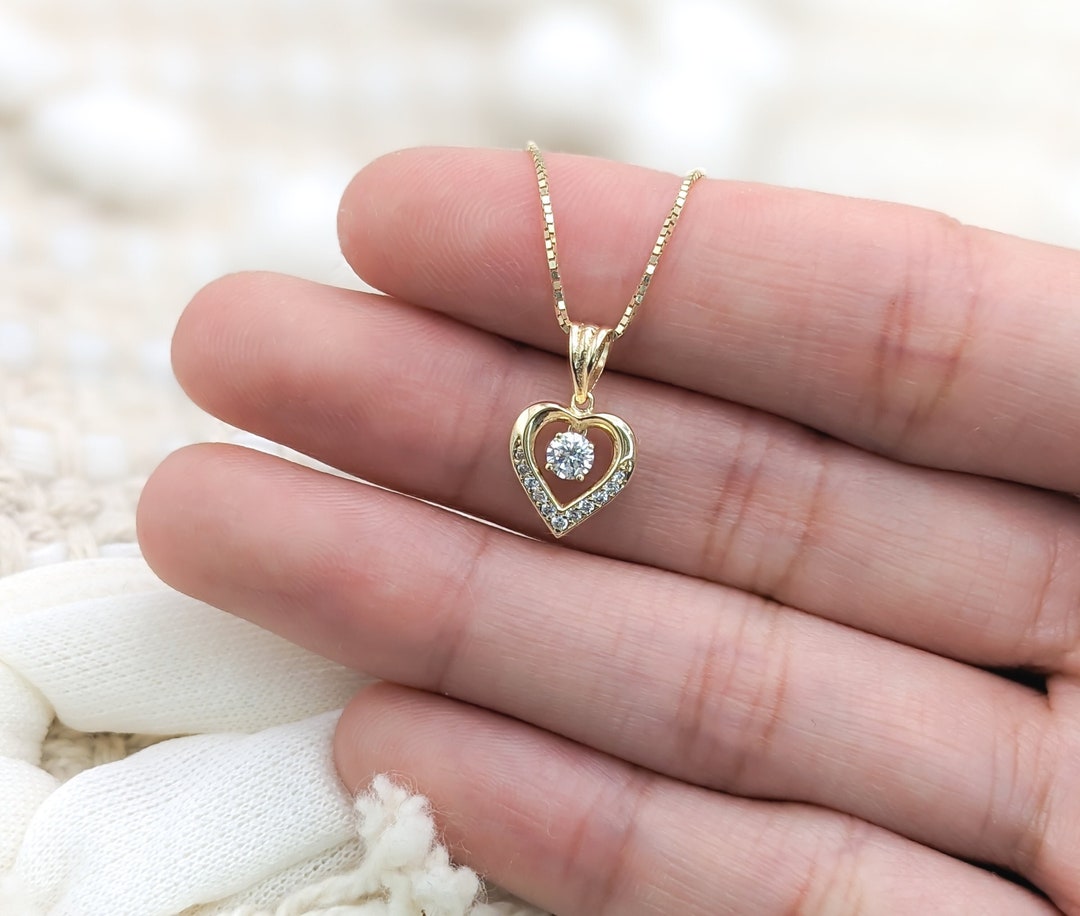 14k Solid Gold Heart Necklace, Dainty Pavé Heart Pendant, Small Baby