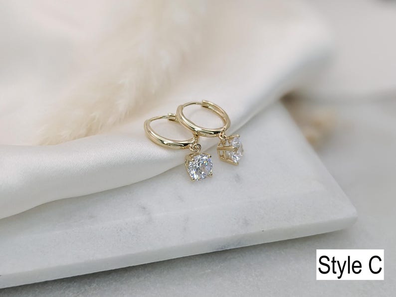 10k Solid Gold CZ Diamond Hoop Earrings, Dainty Solitaire Charm Huggies ...
