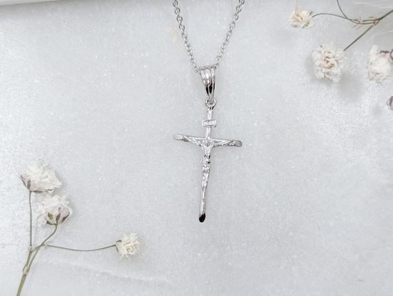Tiny Silver Cross Necklace, 925 Sterling Silver, Crucifix Jesus Pendant, Dainty Cross Charm, Small Minimalistic Faith Baptism Gift, Large