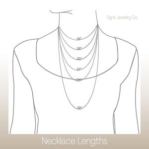 May include: Diagram illustrating necklace lengths, ranging from 16 inches to 30 inches, displayed on a stylized human figure. The image includes the text "Necklace Lengths" and the brand name "Tigris Jewelry Co."