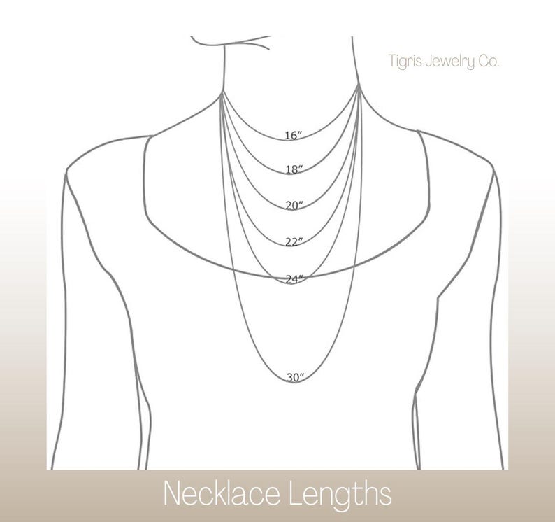 May include: Diagram illustrating necklace lengths, ranging from 16 inches to 30 inches, displayed on a stylized human figure. The image includes the text "Necklace Lengths" and the brand name "Tigris Jewelry Co."