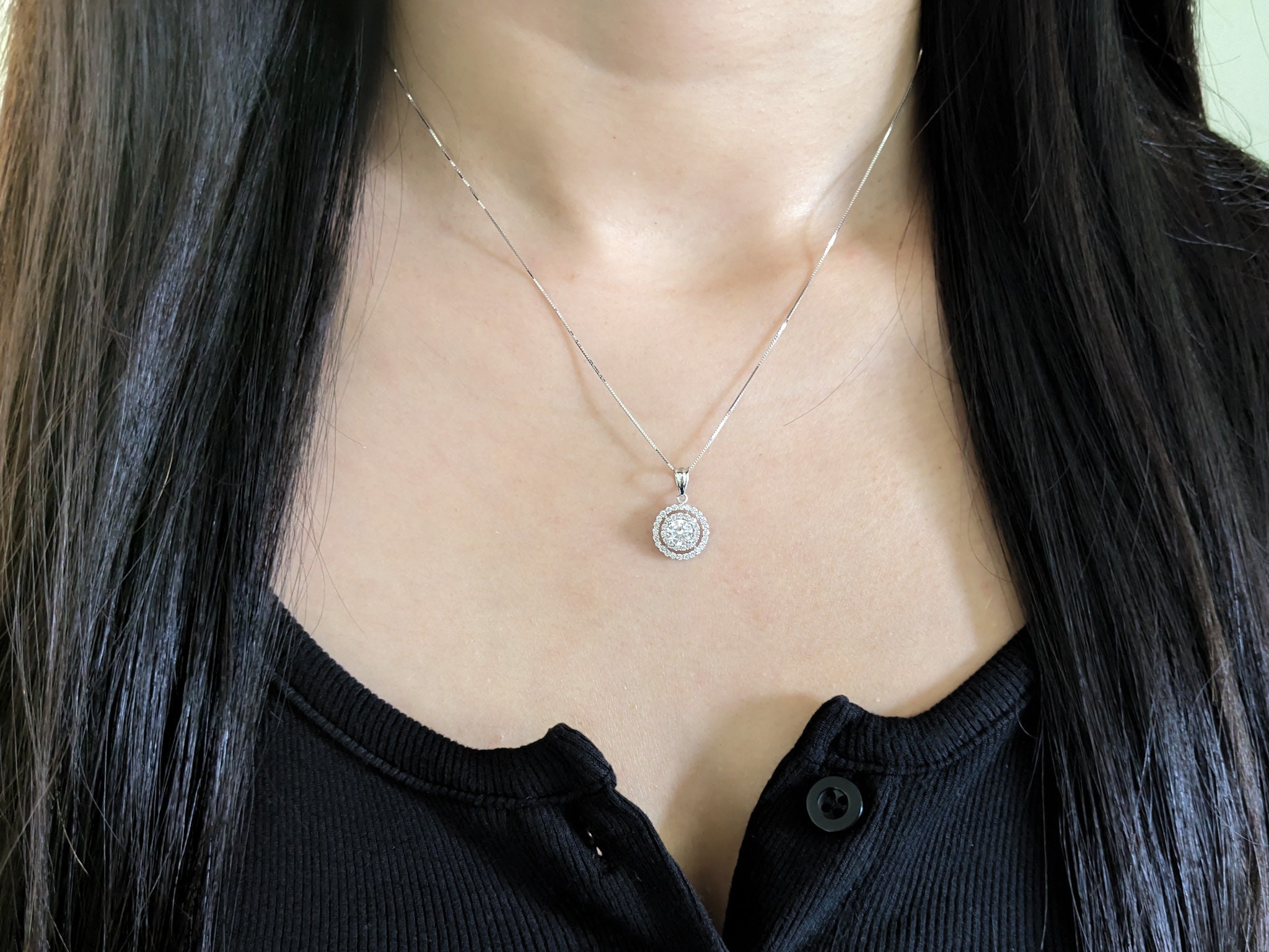 14k Solid Gold Halo Necklace Elegant Halo Pendant Dainty Etsy