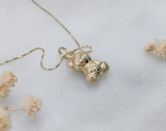 14k Solid Gold Teddy Bear Necklace, 3D Dainty Hollow Puffy Bear Pendant,  Small Waterproof Puff Animal Charm, Real Gold, Children, Kid, Adult