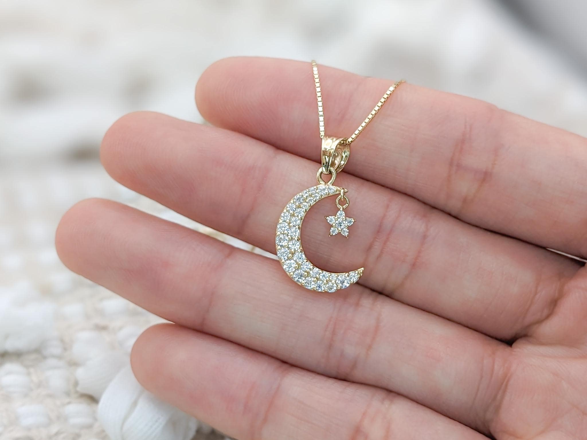 14k Solid Gold Stars and Moon Necklace, Dainty Moving Half 14k Solid Gold Stars and Moon Necklace, Dainty Moving Half