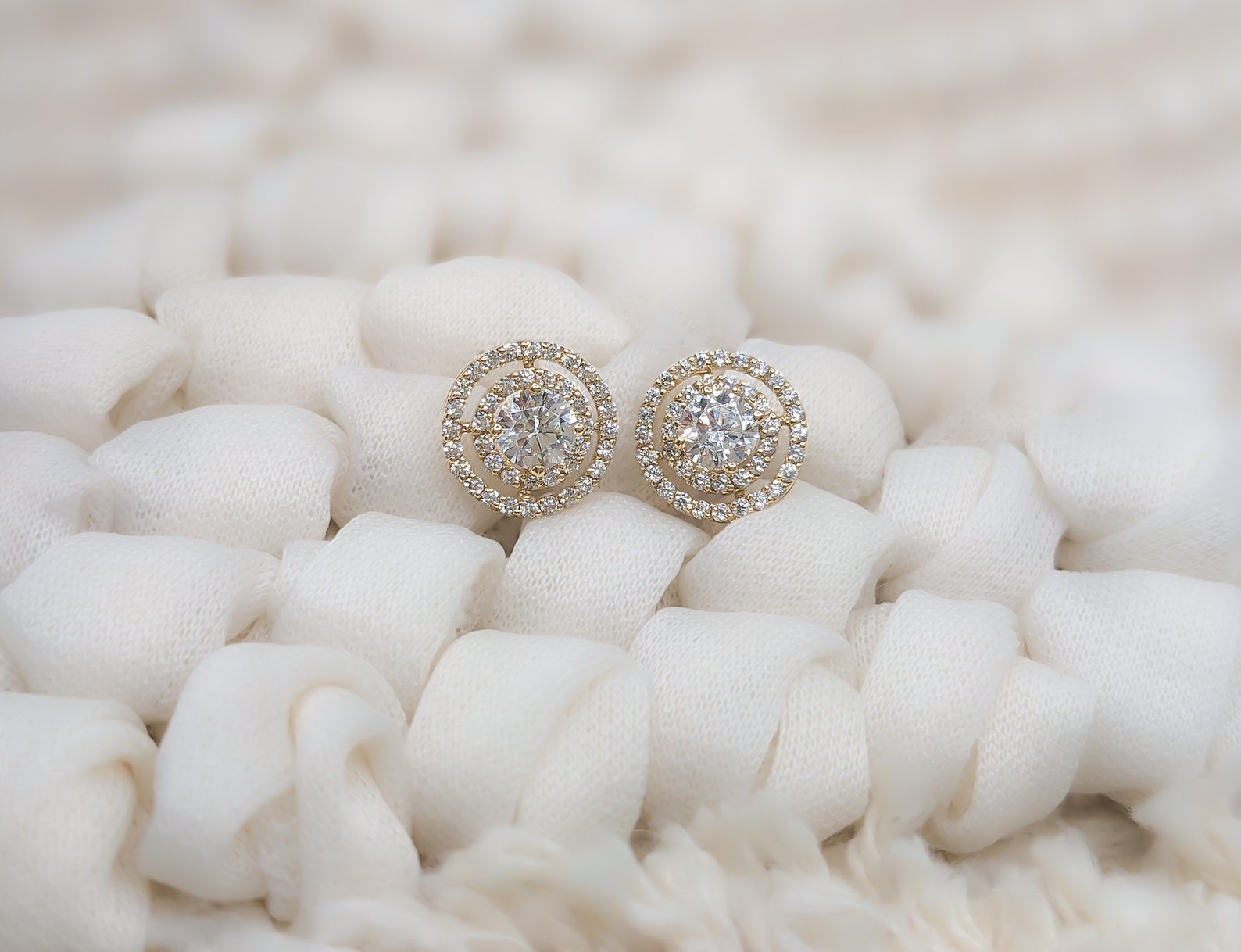 Blue Sapphire & White Diamonds Pave Halo Set 14K White Gold Statement Earrings main image 0