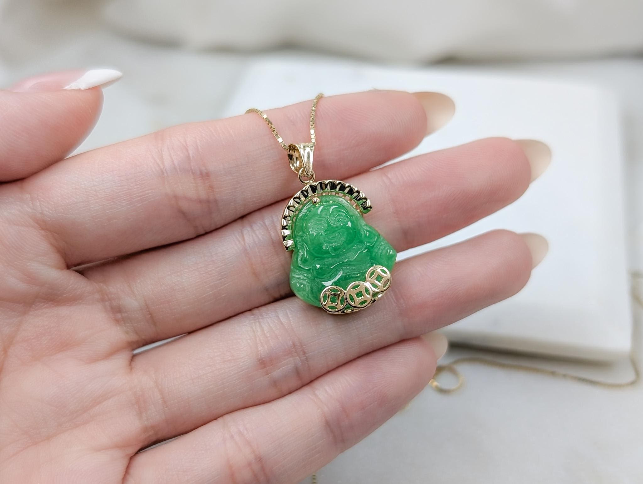 14k Solid Gold Jade Buddha Pendant Necklace, Green Jade, Small