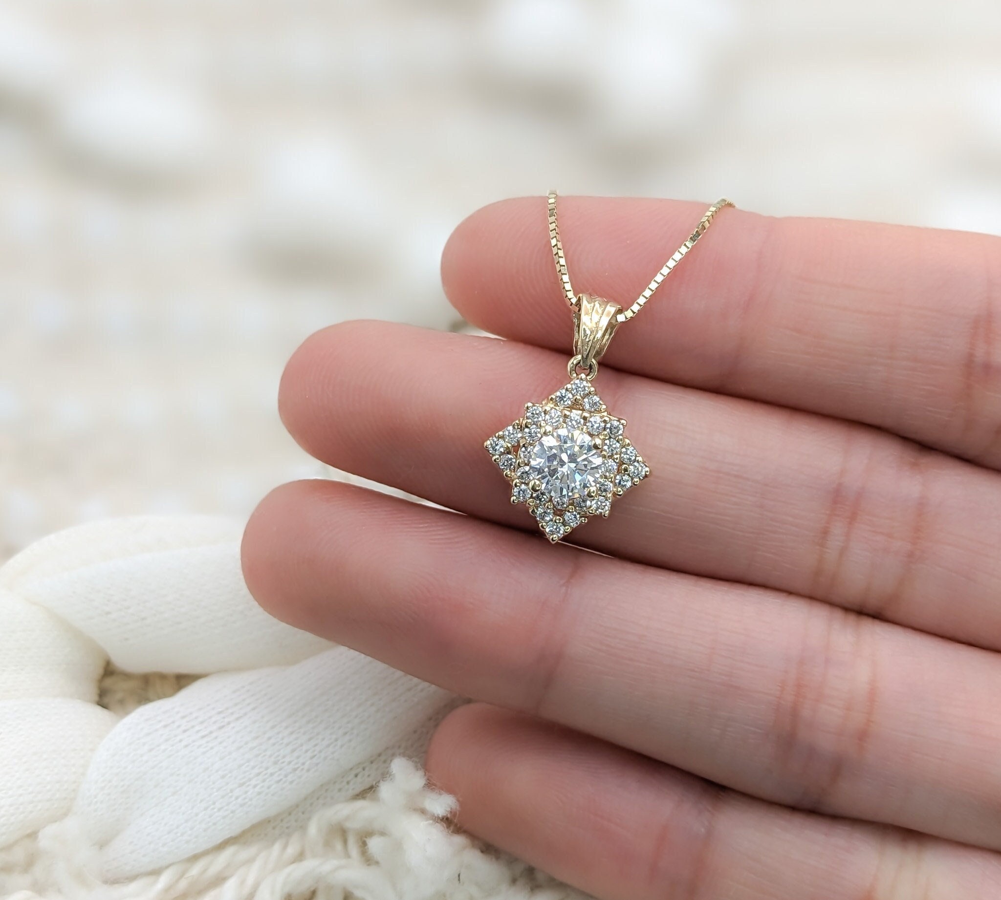 14k White Gold Geometric Necklace, Real Solid Gold, Dainty