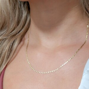 May include: A delicate gold chain necklace with a simple design. The chain is made of small, round links and is about 18 inches long.