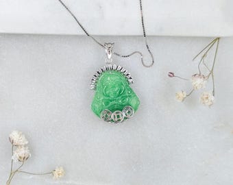 14k Solid Gold Jade Buddha Pendant Necklace, Green Jade, Small