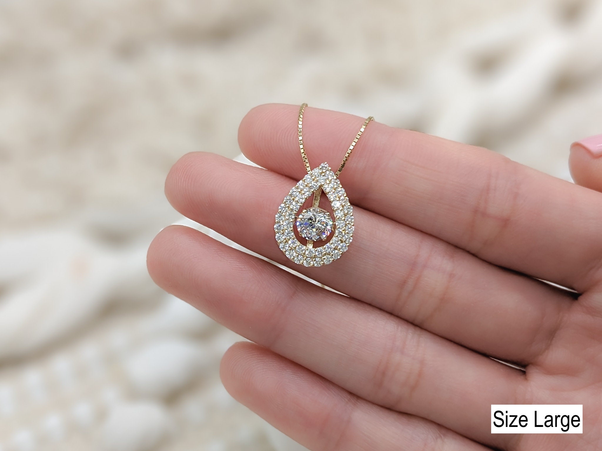 14k Solid Gold Dancing Diamond Necklace, CZ Pave Diamond Tear Drop 