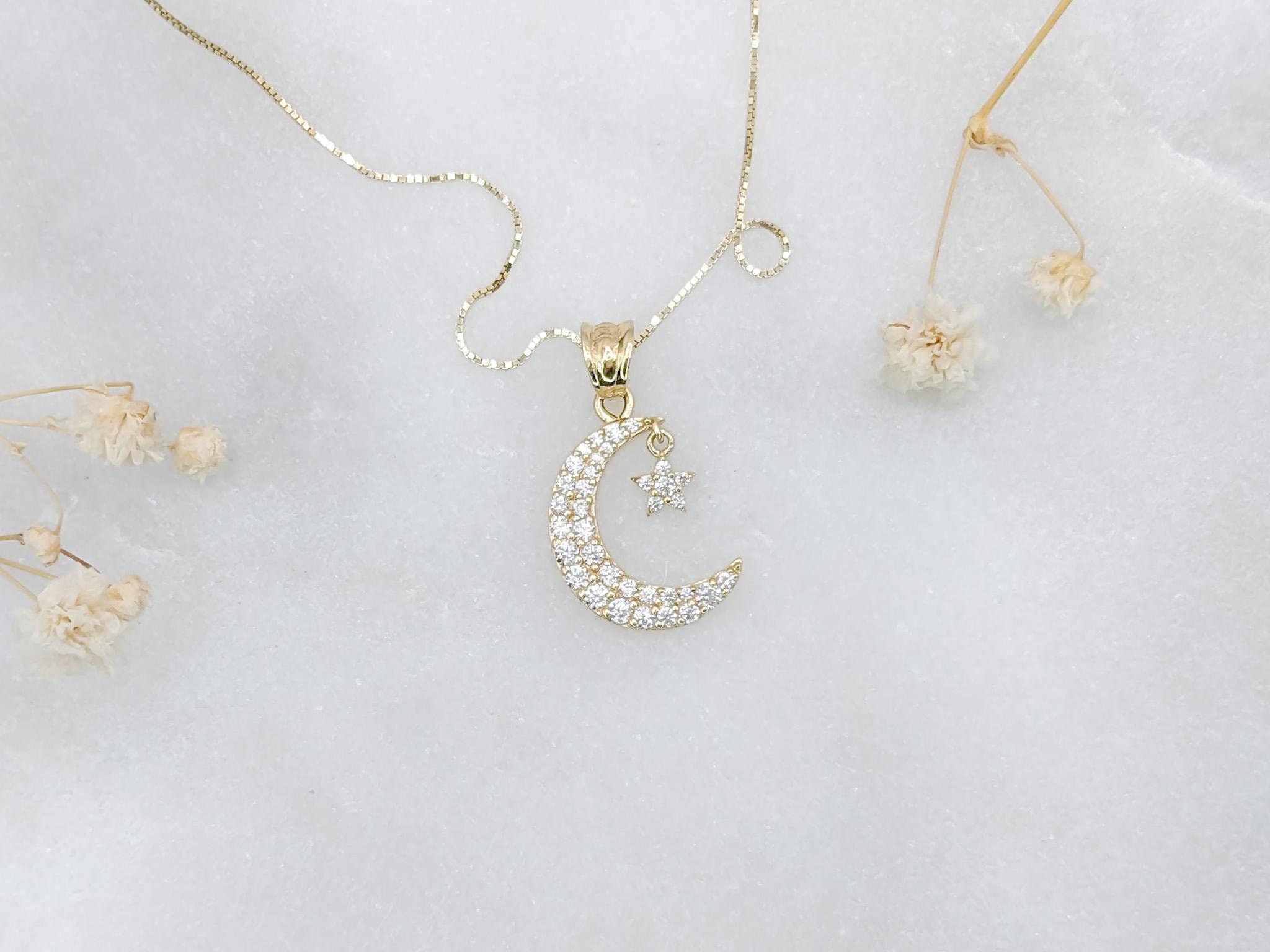 14k Solid Gold Stars and Moon Necklace, Dainty Moving Half Moon Pendant, Small Cresent Moon Charm, CZ Diamond Pavé Celestial Astrology