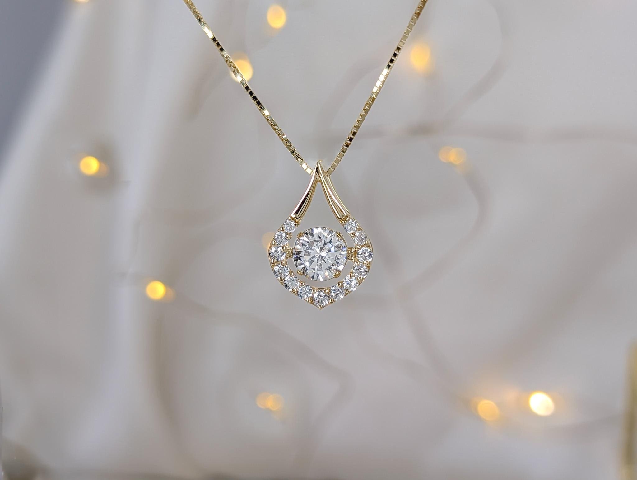 14k Solid Gold Moving Diamond Necklace, CZ, Floating CZ Pavé 