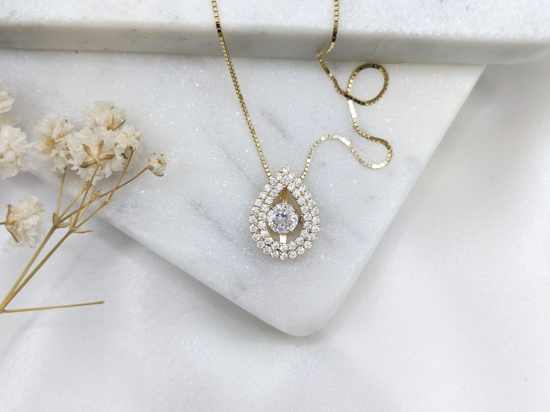 14k Solid Gold Dancing Diamond Necklace, CZ Pave Diamond