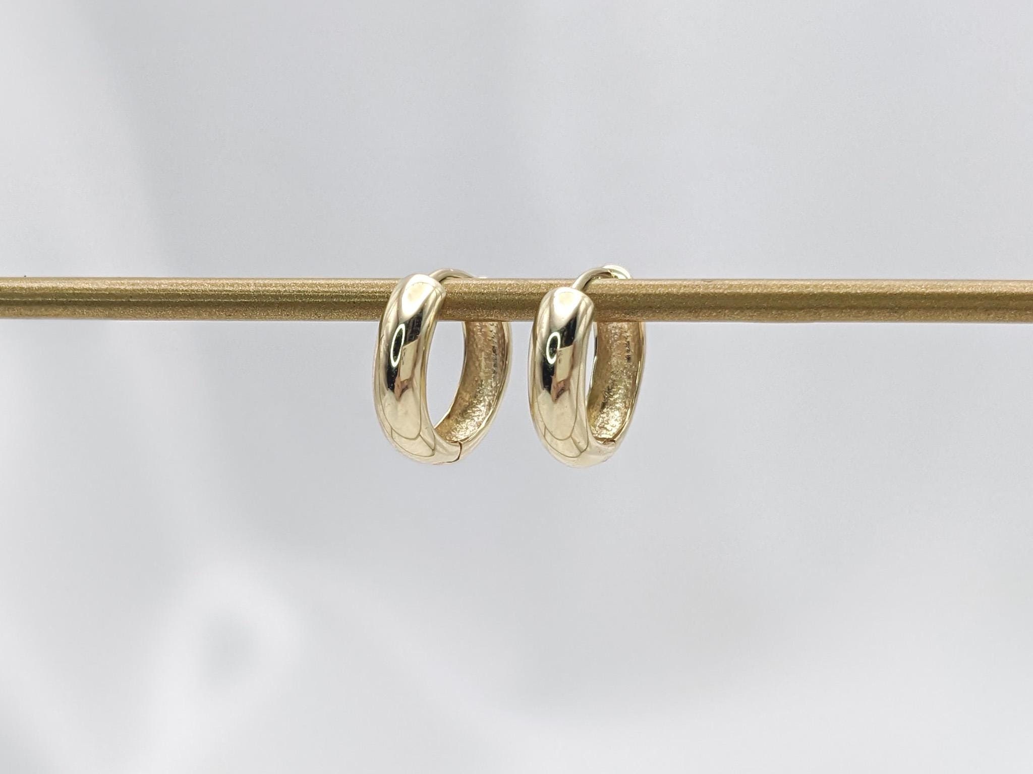 14k Solid Gold Small Chunky Huggies, Thick Bold Hoops, 13mm, Simple Plain White Gold Hoop, Waterproof Everyday Earrings, Minimalist, Unisex