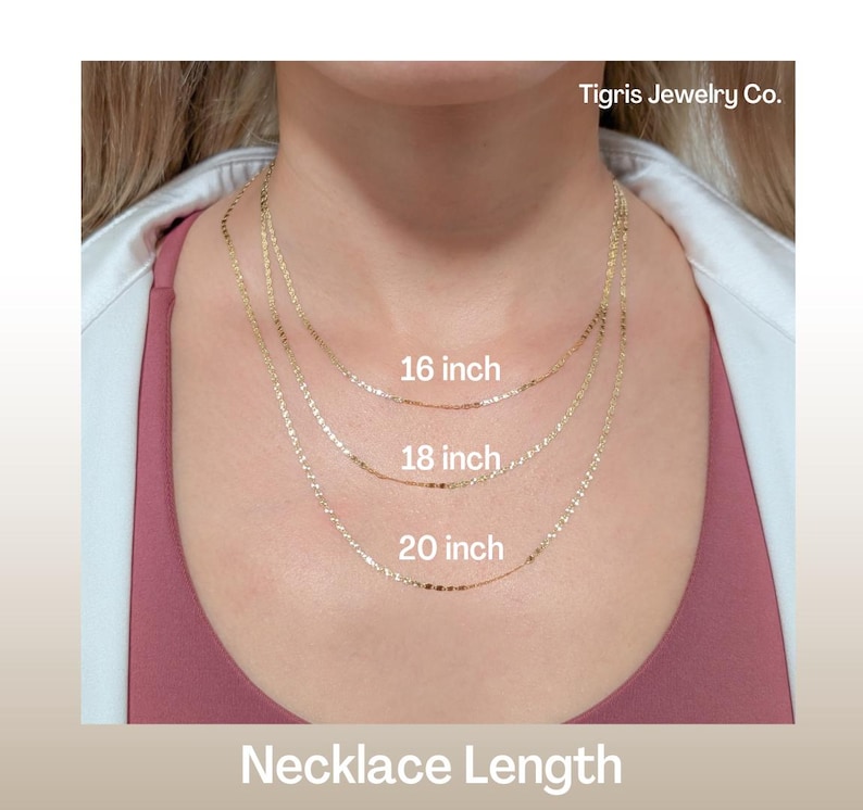 May include: A close-up of a woman's neck wearing three gold necklaces of different lengths. The necklaces are labeled 16 inch, 18 inch, and 20 inch. The text "Tigris Jewelry Co." is in the top right corner of the image. The text "Necklace Length" is at the bottom of the image.