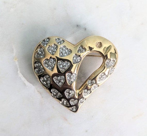 Ciro Gold Heart Brooch, Gold Tone & Crystals Hear… - image 1