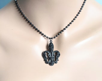 Black Rhinestone Fleur de Lis Necklace Necklace, Gift for Mother, Wife, Sister