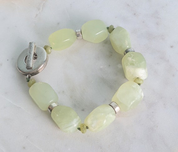 Prehnite Gemstone Sterling Silver Beaded Bracelet… - image 1