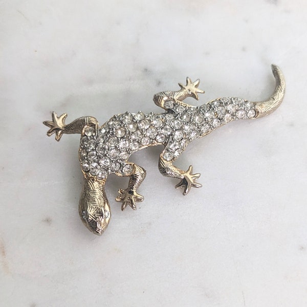 Vintage Gold Tone & Rhinestone  Encrusted Salamander Lizard with Rhinestones Statement Pin Brooch