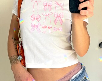 Pink Bows Baby Tee, Y2k Vintage Baby Tee, Coquette Pink Bow, Soft Girl Aesthetic Shirt, Women's Crop Baby Tee, Aesthetic Baby Tee
